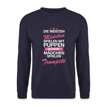 Trompete Blasmusik Trompetenspieler Spruch - Unisex Pullover - Navy - Vorne - Alina (178cm) & Michal (187cm)