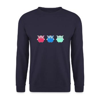 Eulen, Comic, nerd, mint, geek, trio,blau - Unisex Pullover - Navy - Vorne - Alina (178cm) & Michal (187cm)