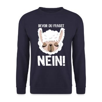 Bevor du fragst - Nein! - Lama - Spruch - Unisex Pullover - Navy - Vorne - Alina (178cm) & Michal (187cm)