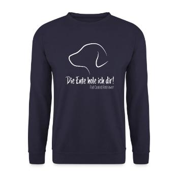 Flat Coated Retriever lustig Spruch Ente seitlich - Unisex Pullover - Navy - Vorne - Alina (178cm) & Michal (187cm)