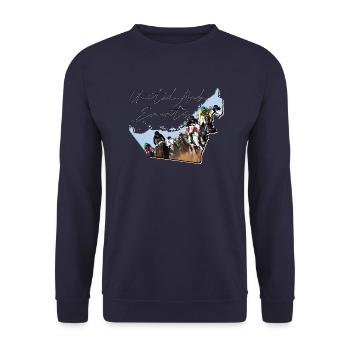 (VAE) Emirate Landkarte umrahmt Pferderennen EN - Unisex Pullover - Navy - Vorne - Alina (178cm) & Michal (187cm)