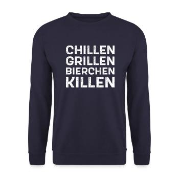 Chillen Grillen Bierchen Killen – Grillparty - Unisex Pullover - Navy - Vorne - Alina (178cm) & Michal (187cm)