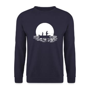 Papa Vater und Sohn Angeln gemeinsam Mondschein 1 - Unisex Pullover - Navy - Vorne - Alina (178cm) & Michal (187cm)