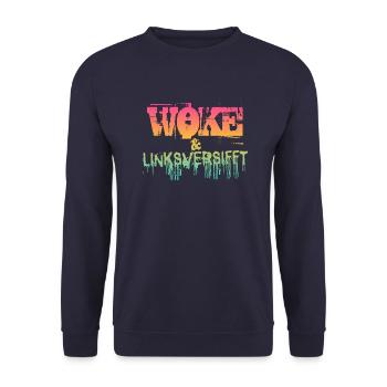 Selbstironie: WOKE & linksversifft - Unisex Pullover - Navy - Vorne - Alina (178cm) & Michal (187cm)