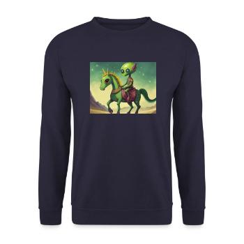 niedliches kleines grünes Retro-Alien reitet auf einem Pferd - Unisex Pullover - Navy - Vorne - Alina (178cm) & Michal (187cm)