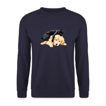 Schwarze Katze und golden retriever - Unisex Pullover - Navy - Vorne - Alina (178cm) & Michal (187cm)