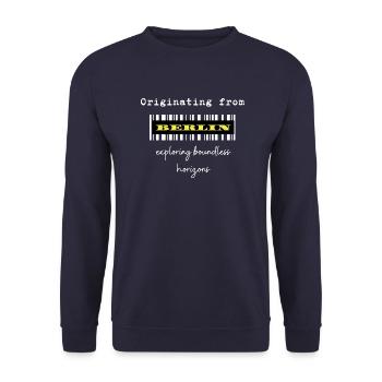 Berlin geboren, Weltliebhaber. Meine Heimatstadt - Unisex Pullover - Navy - Vorne - Alina (178cm) & Michal (187cm)