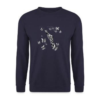 giraffe, schmetterlinge,hals,fliegen,bunt,malerei - Unisex Pullover - Navy - Vorne - Alina (178cm) & Michal (187cm)