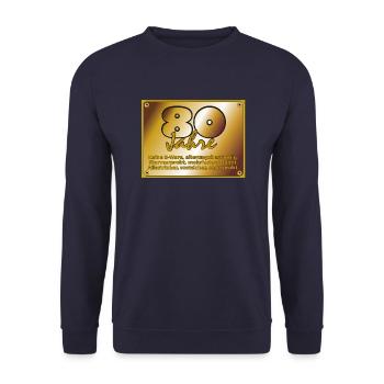 Geburtstag 80 Jahre - Messingschild - Unisex Pullover - Navy - Vorne - Alina (178cm) & Michal (187cm)