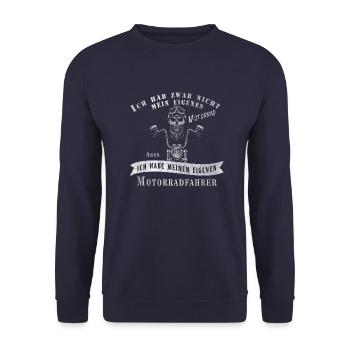Ich hab zwar nicht mein eigenes Motorrad - Unisex Pullover - Navy - Vorne - Alina (178cm) & Michal (187cm)