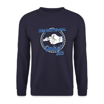 Zum ersten Mal Onkel 2023 Geschenkidee - Unisex Pullover - Navy - Vorne - Alina (178cm) & Michal (187cm)