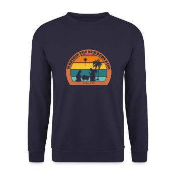 Christmas Nativity with Jesus - Worship The Newbor - Unisex Sweatshirt - navy - Front - Alina (178cm) & Michal (187cm)