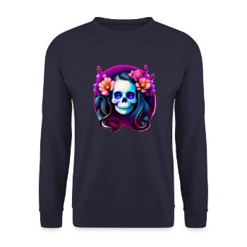 Skull Boho Multicolor Frauen Schädel mit Blumen - Unisex Pullover - Navy - Vorne - Alina (178cm) & Michal (187cm)