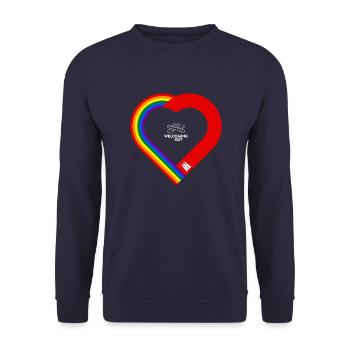 WELCOMING OUT Regenbogen/Hamburg-Herz I - Unisex Pullover - Navy - Vorne - Alina (178cm) & Michal (187cm)