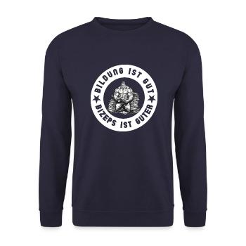 Bildung ist gut aber Bizeps ist guter weiß - Unisex Pullover - Navy - Vorne - Alina (178cm) & Michal (187cm)
