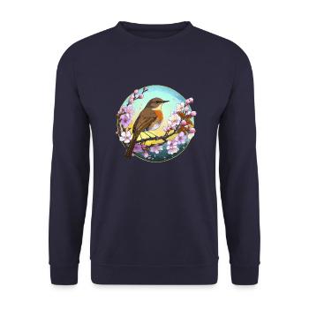 Un rouge-gorge sur une branche de cerisier en fleurs - Sweat-shirt Unisexe - marine - Devant - Alina (178cm) & Michal (187cm)