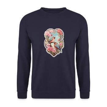 Zwei Turteltauben sitzen auf einem herzförmigen As - Unisex Pullover - Navy - Vorne - Alina (178cm) & Michal (187cm)
