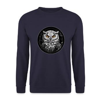 Schneeeulenportrait Schneeeule Eulengrafik - Unisex Pullover - Navy - Vorne - Alina (178cm) & Michal (187cm)