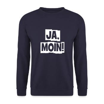 Ja Moin! - Guten Morgen - Nordsee - Ostsee - Anker - Unisex Pullover - Navy - Vorne - Alina (178cm) & Michal (187cm)