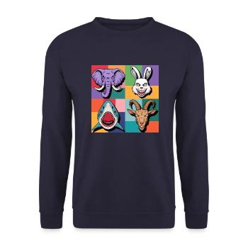 Popart Hase Hai Elefant Ziegenbock bunt lila grün - Unisex Pullover - Navy - Vorne - Alina (178cm) & Michal (187cm)
