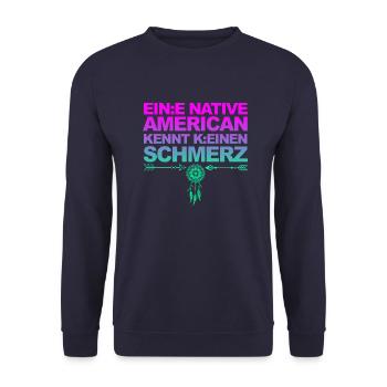 Selbstironie: Woke, Gendern & kulturelle Aneignung - Unisex Pullover - Navy - Vorne - Alina (178cm) & Michal (187cm)
