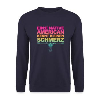 Selbstironie: Woke, Gendern & kulturelle Aneignung - Unisex Pullover - Navy - Vorne - Alina (178cm) & Michal (187cm)