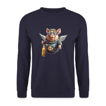 Fliegendes Schwein mit Bier - Lustig und Frech - Unisex Pullover - Navy - Vorne - Alina (178cm) & Michal (187cm)