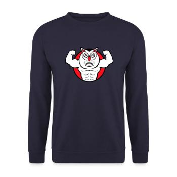 Eule Bodybuilder Muskeln Bizeps Posen Gym Rat Cool - Unisex Pullover - Navy - Vorne - Alina (178cm) & Michal (187cm)