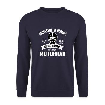 Alter Mann auf Motorrad Biker Opa T-Shirt - Unisex Pullover - Navy - Vorne - Alina (178cm) & Michal (187cm)