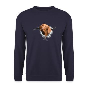 Magyar Vizsla im *Metall-Loch* - Unisex Pullover - Navy - Vorne - Alina (178cm) & Michal (187cm)