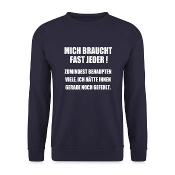 Cooles Funshirt Mich braucht fast jeder - Unisex Pullover - Navy - Vorne - Alina (178cm) & Michal (187cm)