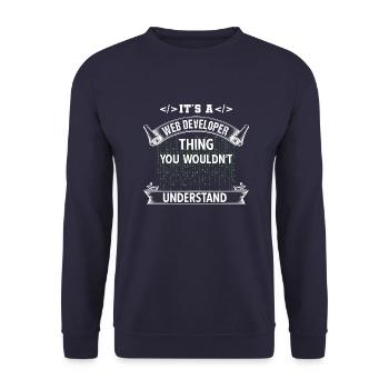 Webentwickler Programmierer Vintage Morgenroutine - Unisex Pullover - Navy - Vorne - Alina (178cm) & Michal (187cm)