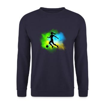 Bunte Fußballerin Mädchen und Frauen Fußball Motiv - Unisex Pullover - Navy - Vorne - Alina (178cm) & Michal (187cm)