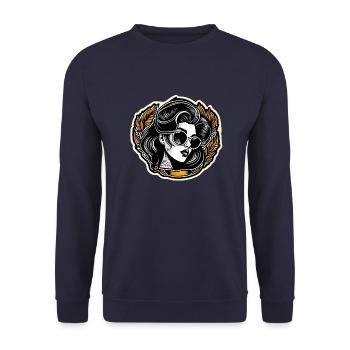 Frau mit Sonnenbrille im Retro Sticker Design - Unisex Pullover - Navy - Vorne - Alina (178cm) & Michal (187cm)