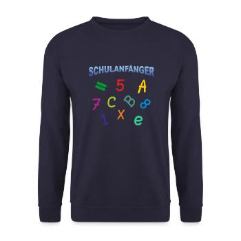 Schulanfänger - Zahlen Buchstaben - Unisex Pullover - Navy - Vorne - Alina (178cm) & Michal (187cm)