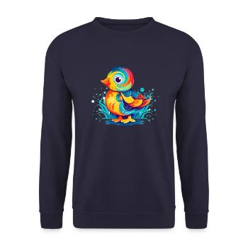 Bunte kleine Ente als Vogel für Kinder - Unisex Pullover - Navy - Vorne - Alina (178cm) & Michal (187cm)