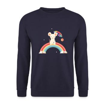 Cheerful mouse with umbrella on rainbow - Unisex Sweatshirt - navy - Front - Alina (178cm) & Michal (187cm)