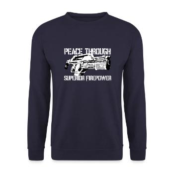 peace through superior firepower negativ - Unisex Pullover - Navy - Vorne - Alina (178cm) & Michal (187cm)