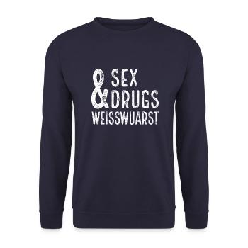 Sex, Drugs & Weißwuarst I Weisswurst - Unisex Pullover - Navy - Vorne - Alina (178cm) & Michal (187cm)