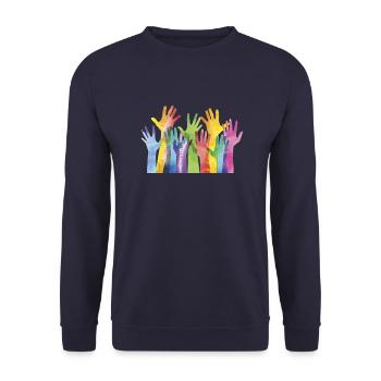 Alle Hände. Regenbogen. Inklusive. LGBTI - Unisex Pullover - Navy - Vorne - Alina (178cm) & Michal (187cm)