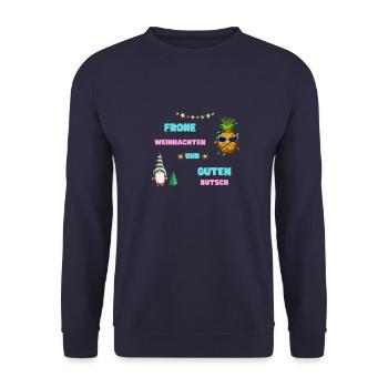 Frohe Weihnachten und guten Rutsch Ananas-Elf - Unisex Pullover - Navy - Vorne - Alina (178cm) & Michal (187cm)