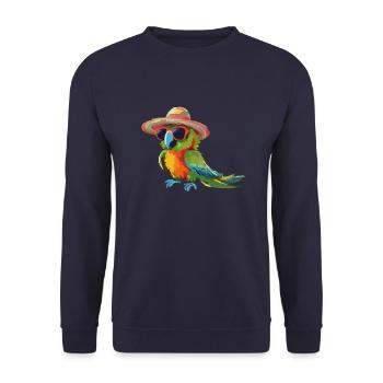 Papagei bunt mit Sonnenbrille und Sonnenhut - Unisex Pullover - Navy - Vorne - Alina (178cm) & Michal (187cm)