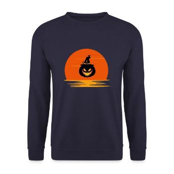 Vintage Sonnenuntergang gruseliges Kürbisgesicht Halloween - Unisex Pullover - Navy - Vorne - Alina (178cm) & Michal (187cm)