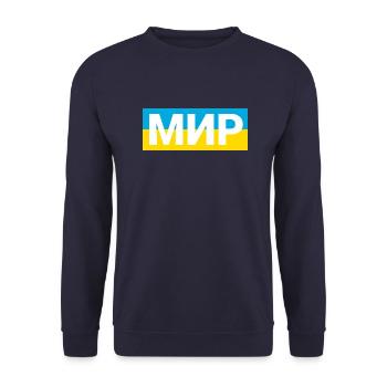 МИР = Peace in Russian – Stop the war, Putin ! - Unisex Sweatshirt - navy - Front - Alina (178cm) & Michal (187cm)