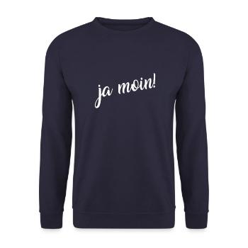 Ja Moin! - Guten Morgen - Nordsee - Ostsee - Anker - Unisex Pullover - Navy - Vorne - Alina (178cm) & Michal (187cm)