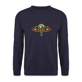 Augen des Buddha, Yin Yang, Weisheit & Erleuchtung - Unisex Pullover - Navy - Vorne - Alina (178cm) & Michal (187cm)