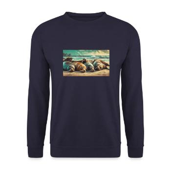 Cute animals chilling – sea lion sleeping beach - Unisex Sweatshirt - navy - Front - Alina (178cm) & Michal (187cm)