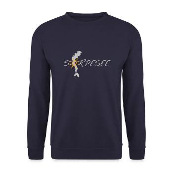 Sorpesee silber, mit Silhouette und Sonne - Unisex Pullover - Navy - Vorne - Alina (178cm) & Michal (187cm)