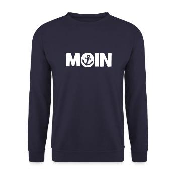 Moin - Guten Morgen - Nordsee - Ostsee - Anker - Unisex Pullover - Navy - Vorne - Alina (178cm) & Michal (187cm)
