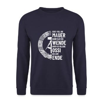 Ossi bis zum Ende - DDR Spruch - Unisex Pullover - Navy - Vorne - Alina (178cm) & Michal (187cm)